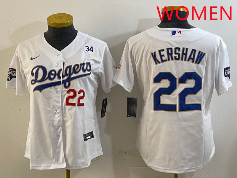 Women Los Angeles Dodgers #22 Kershaw White Gold Game 2025 Nike MLB Jersey style 6->women mlb jersey->Women Jersey